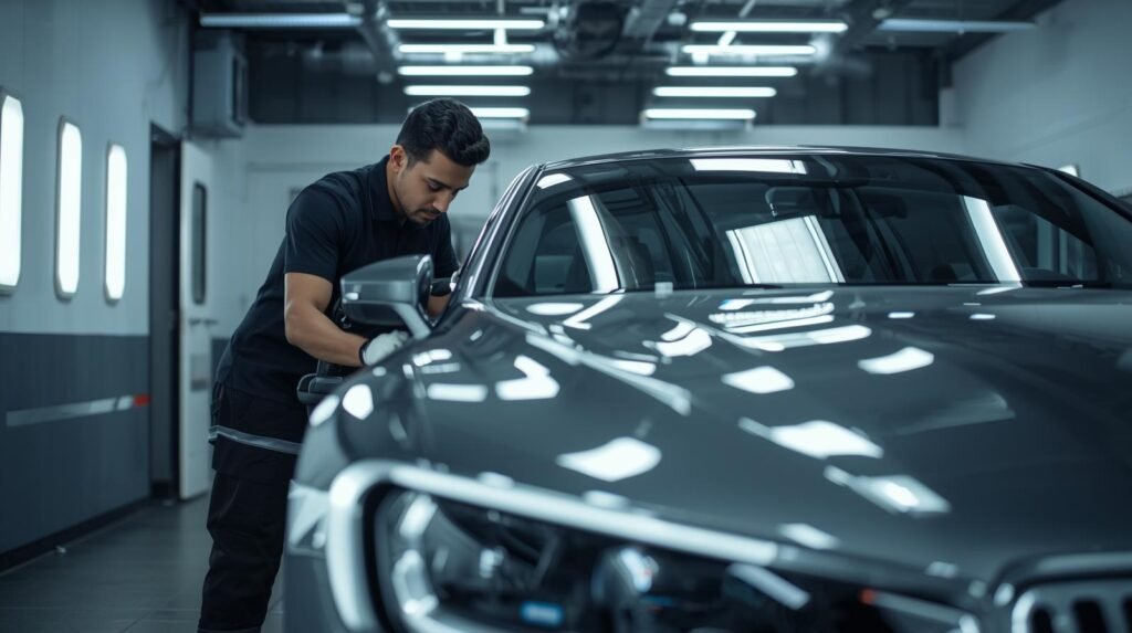 Professional car detailing technician polishing vehicle in workshop